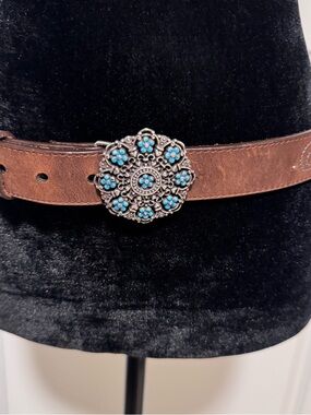 Brighton blue enamel Floral Concho Leather Belt - Brown. Size L 34